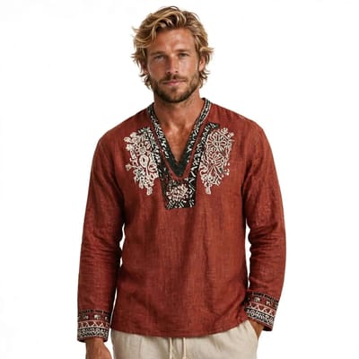 Printed V-neck Long Sleeve Hot Men's Shirt