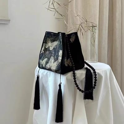 New Chinese Style Gilded Butterfly Tassel Bucket Bag - Vintage Beaded Chain Crossbody Shoulder Handbag for Women
