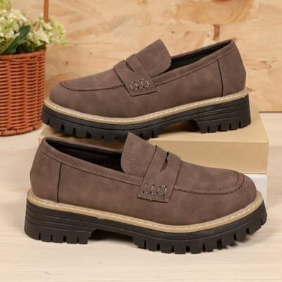 Sanded Leather Chunky Heel Loafers - Women's Vintage Casual Slip-On Shoes