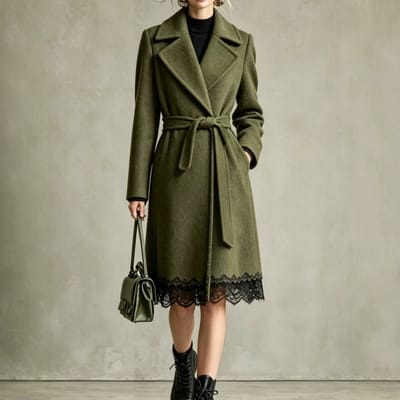 Suit Collar Lace-up Waist Woolen Coat Women's Clothing
