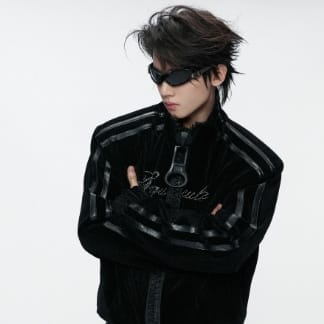 Light And Shadow Wave Pattern Velvet Feel Large Zipper Hot Stamping Diamond Standing Collar Jacket