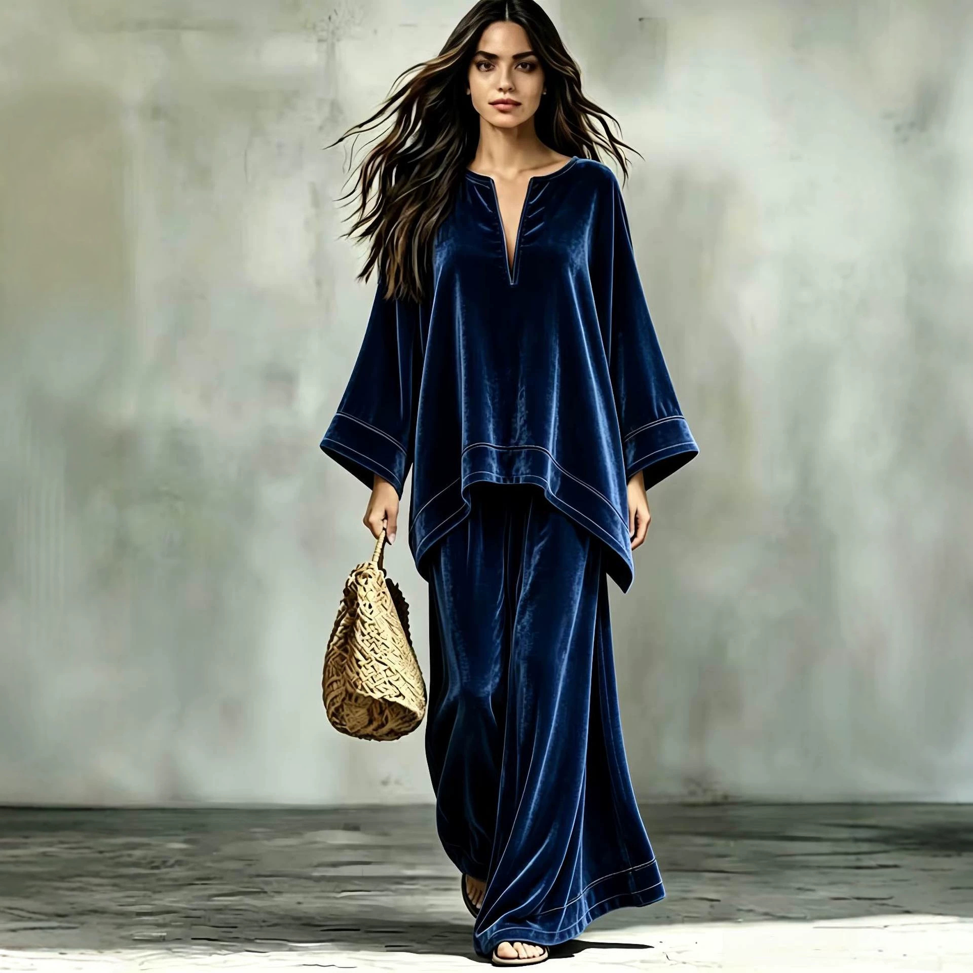 V-neck Batwing Long-sleeve Top And Draping Wide-leg Pants Bohemian Two-piece Set