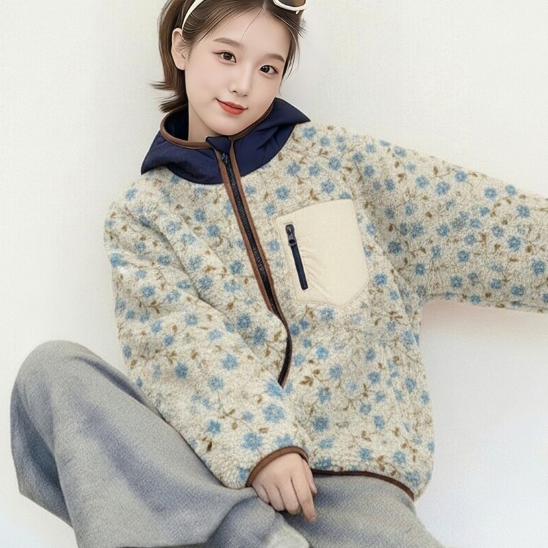 Womens Short Hooded Loose-fit Stylish Casual Quilted Floral Jacket