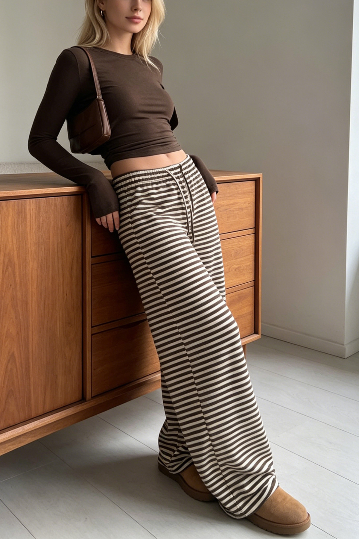 European And American Color-block Wide-leg Pants With Ties Contrasting-color Trousers