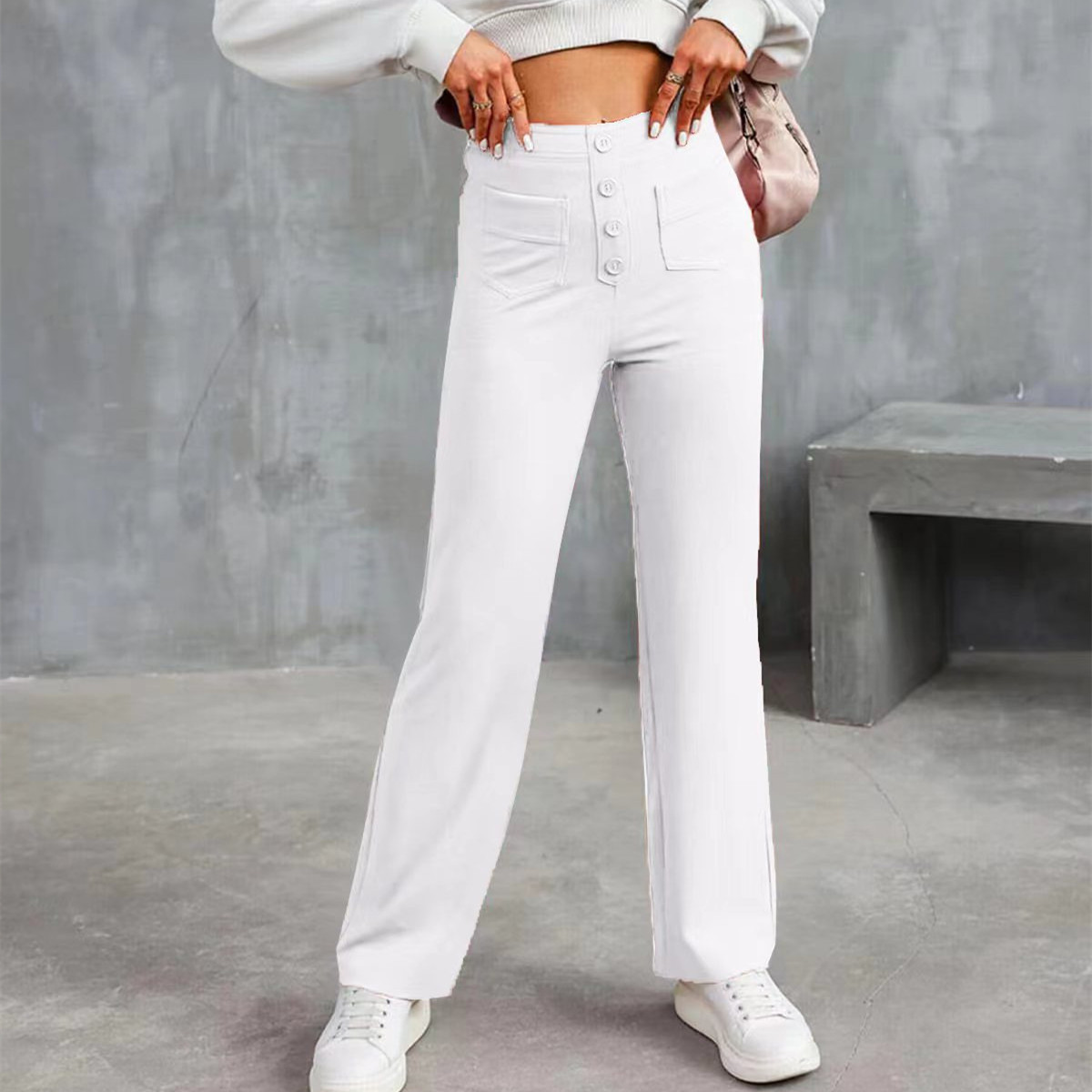 Women's Casual High-waisted Straight-leg Pants With Buttons