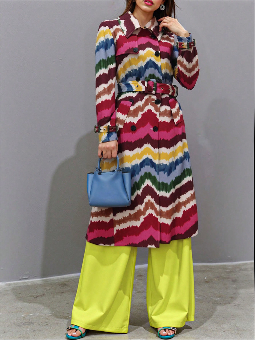 Rainbow-striped Belt Casual Jacket For Women
