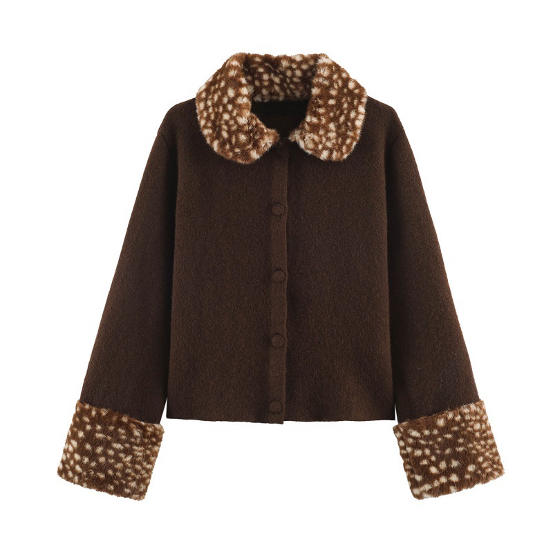 Artificial Fur-decorated Contrast Color Knitted Cardigan Jacket