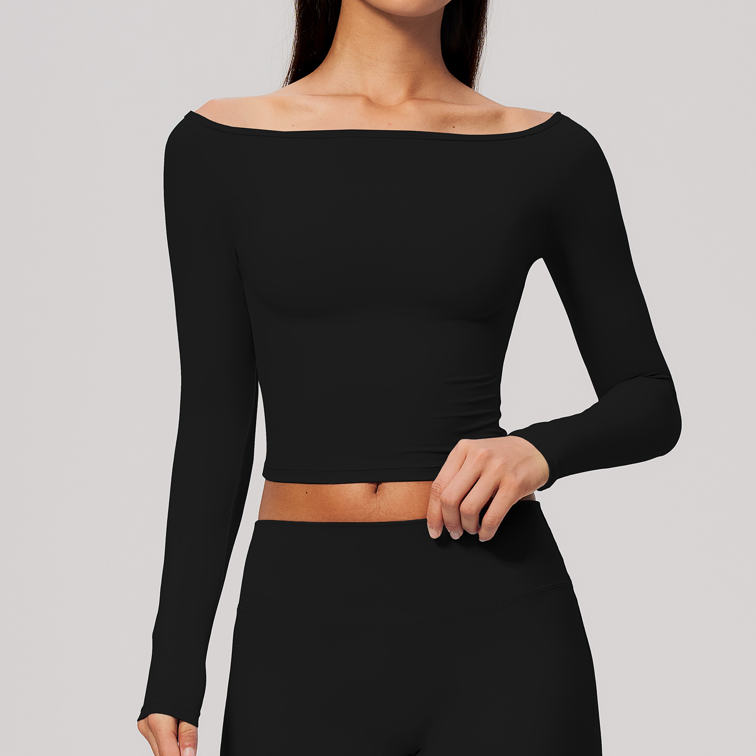 Brushed Off-shoulder Form-fitting Long-sleeve Breathable Waist-cinching Yoga Outfit