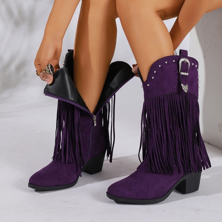 Middle Boots Rhinestone Buckle Side Zipper Vintage