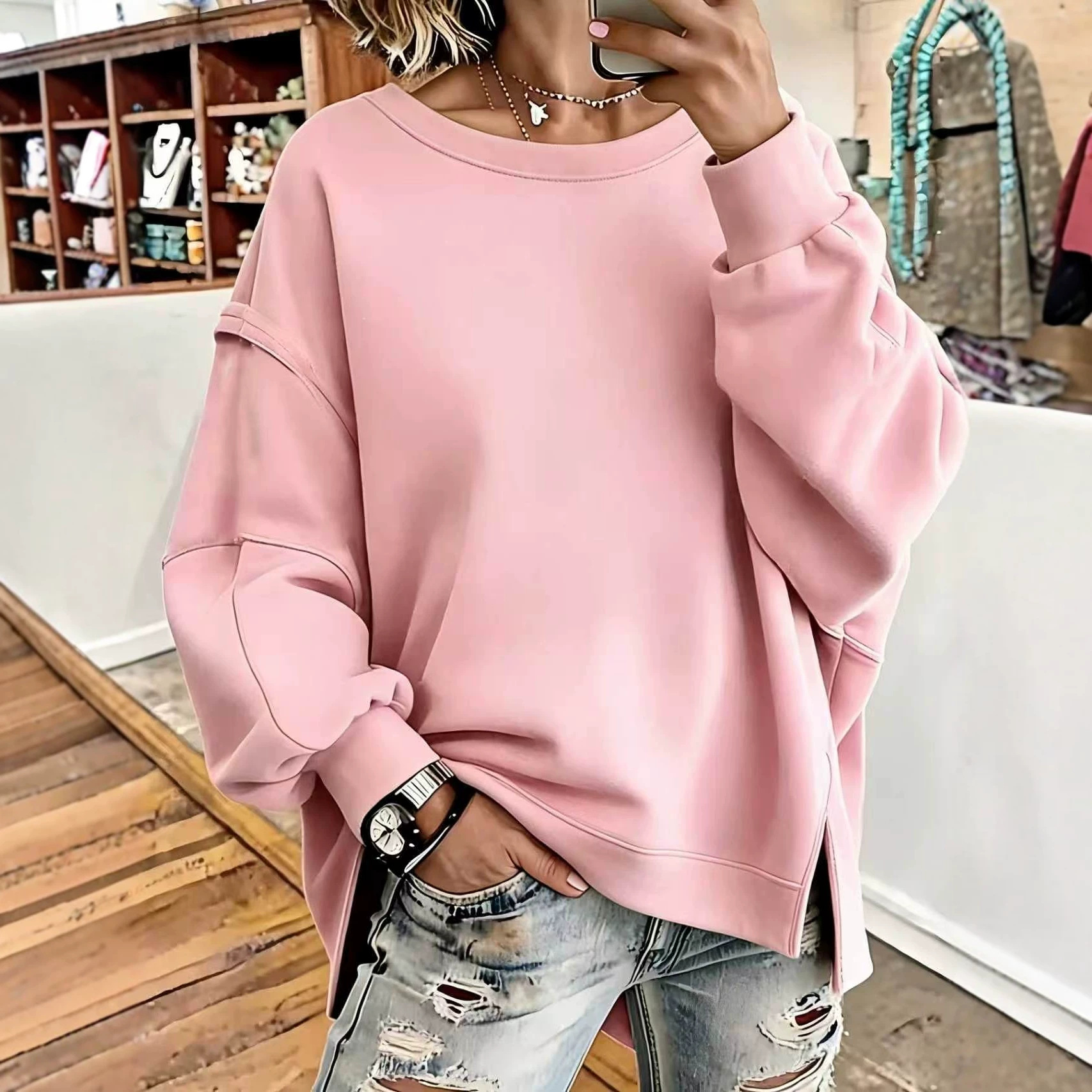 Women's Solid-color Loose-fitting Patchwork Crew-neck Sweatshirt