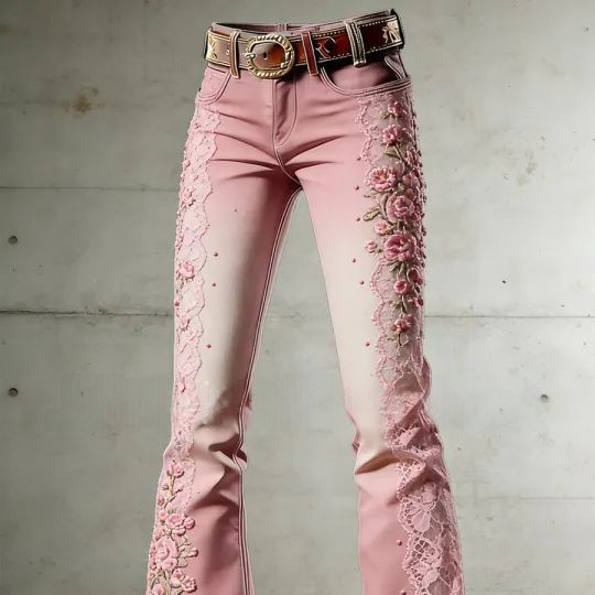 Women's Floral-print Denim Flared Pants