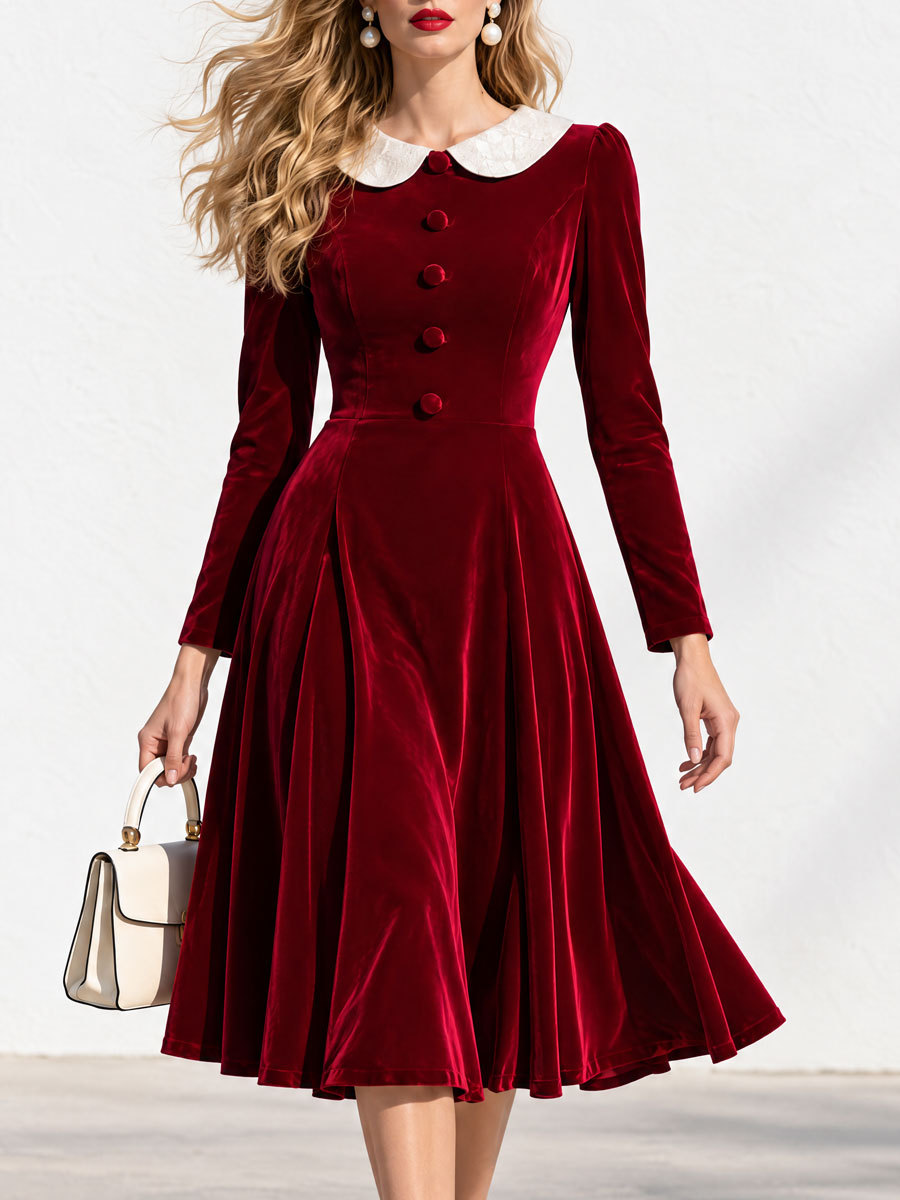 Womens Cinched-waist Flared Vintage Velvet Dress