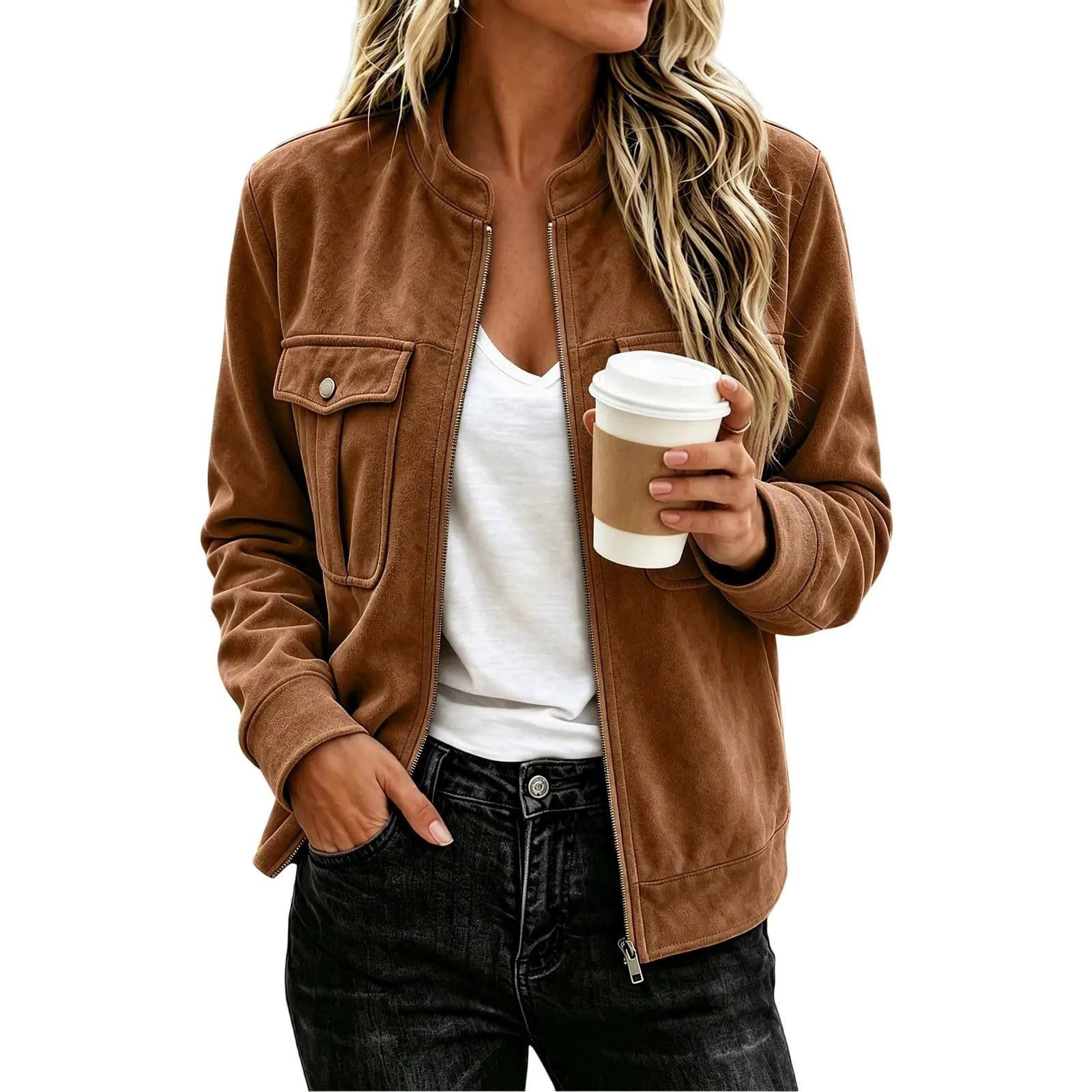 Retro Casual Stand-collar Zip-front Jacket Suede-velvet Jacket