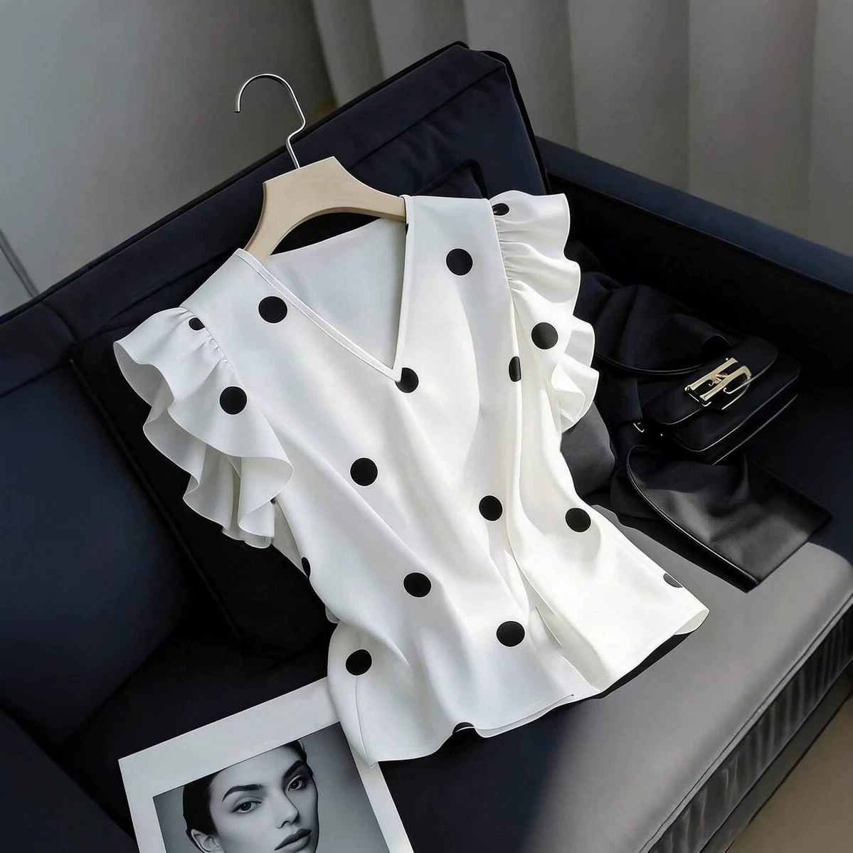 Women's Stylish Polka-dot Print Loose-fit Short-sleeve Top