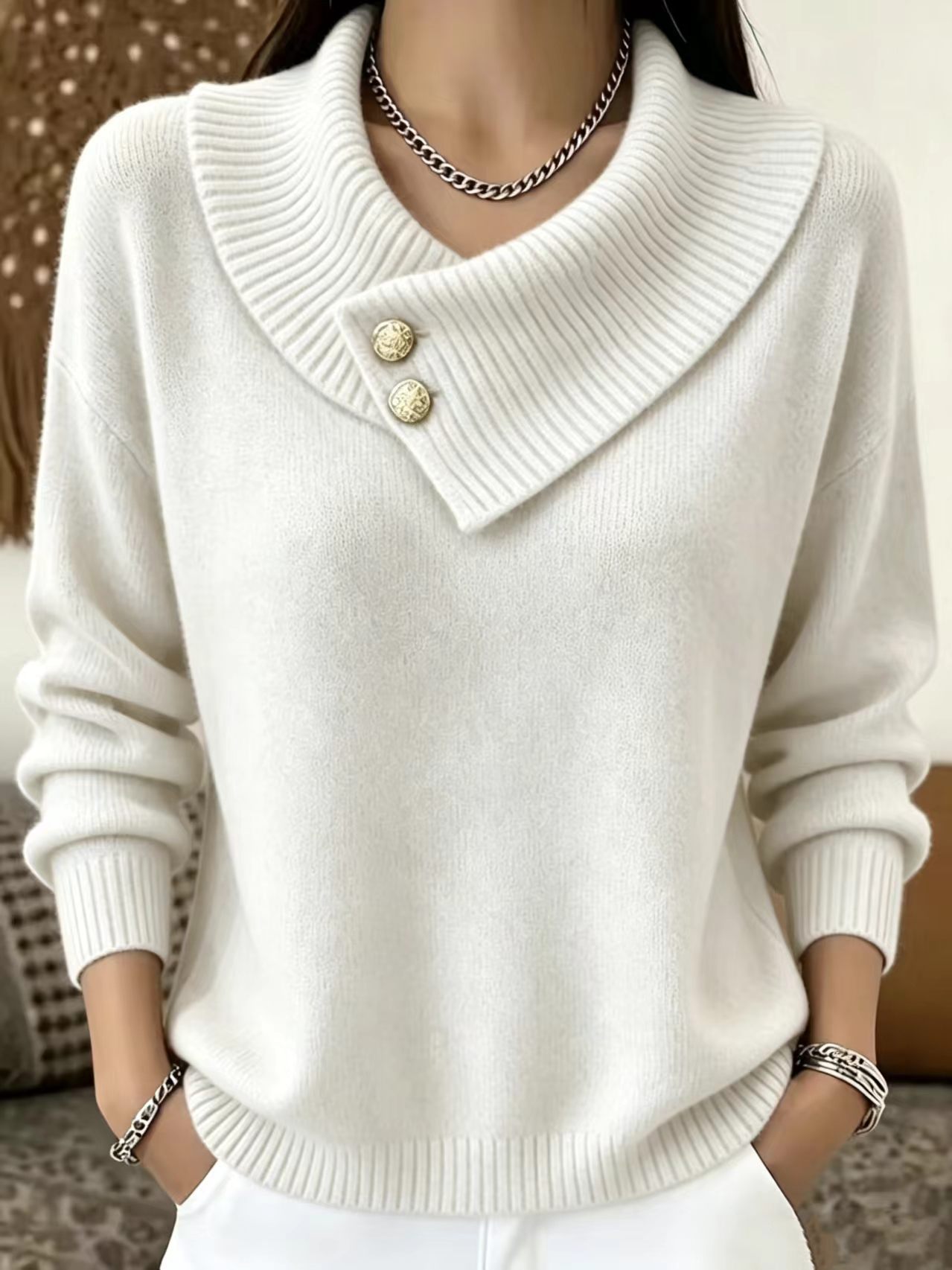 Women's Lapel Loose-fitting Long Sleeve Sweater