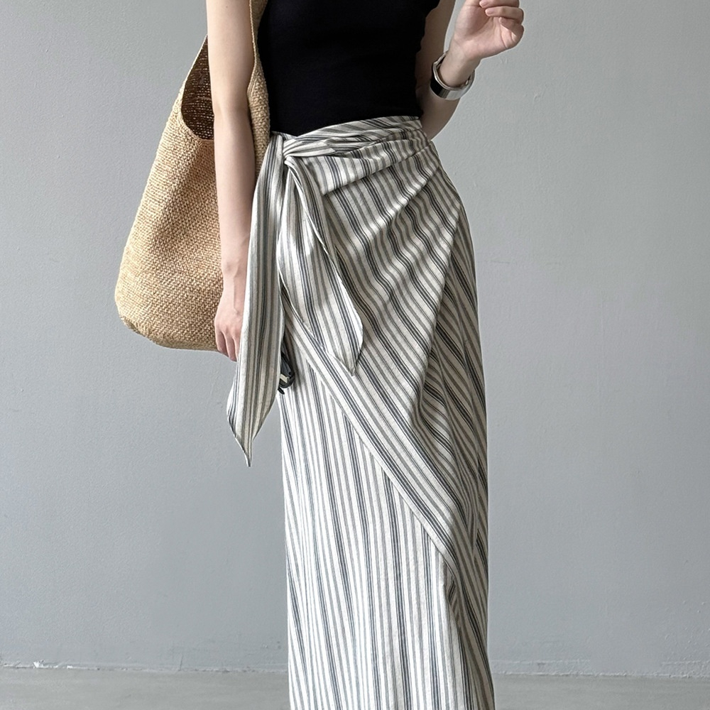 Women's Beishan Tongsu French-Style Striped Tie-Front Skirt
