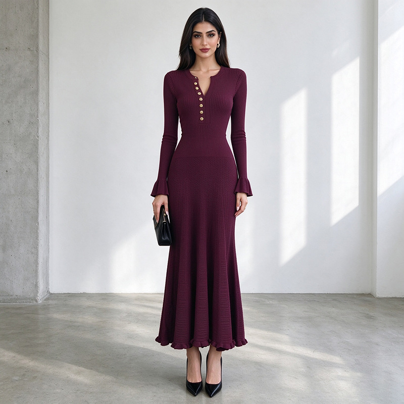 Knitted Solid Color High Waist A- Line Dress