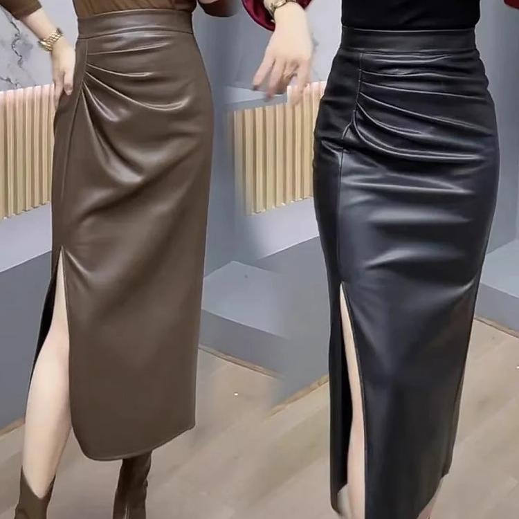 High Waist Pleated Faux Leather Skirt - Women's Mid-Length Irregular Side Slit Bodycon Pencil Skirt For Autumn