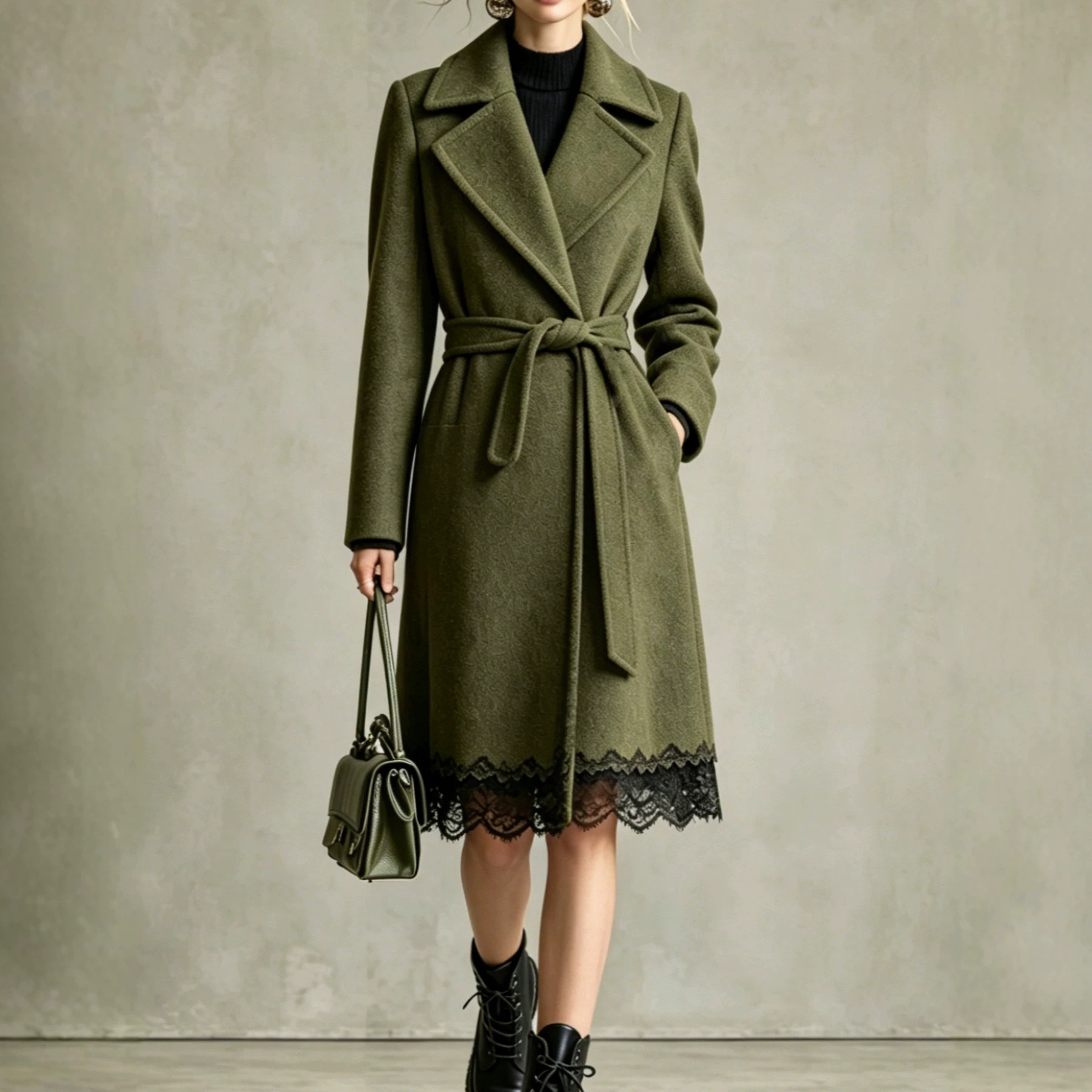 Suit Collar Lace-up Waist Woolen Coat Women's Clothing