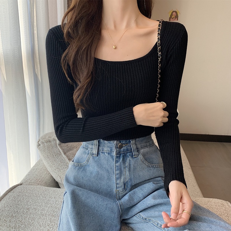 Square-neck Slim-fit Long-sleeve Knit Top