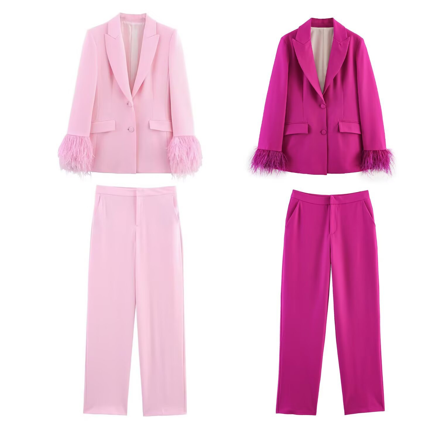 Feather Cuff Blazer Straight-leg Pants