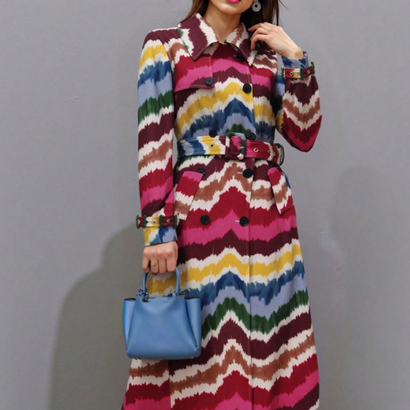 Rainbow-striped Belt Casual Jacket For Women