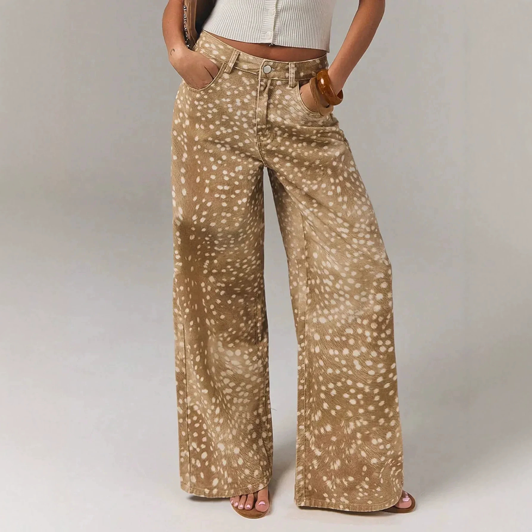 Women's High Waist Drooping Wide-leg Mopping Denim Trousers