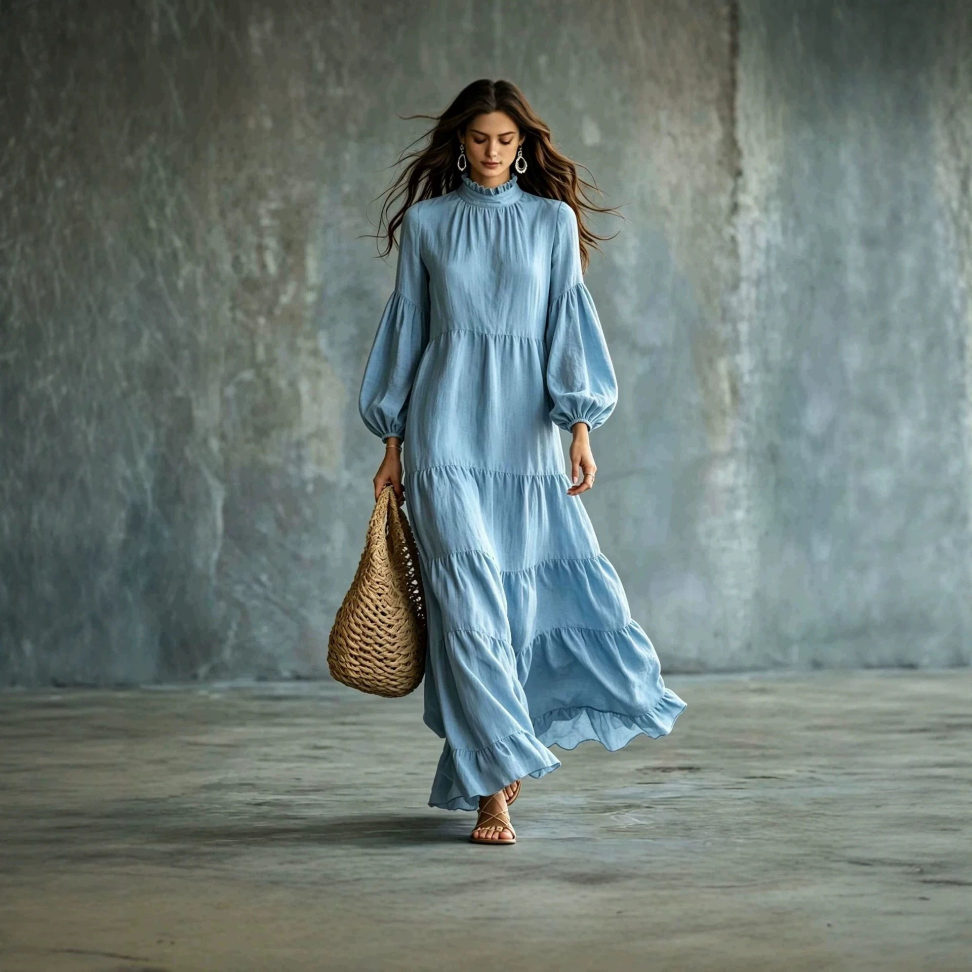 Ruffled Mock-neck Layered Tiered Long Dress